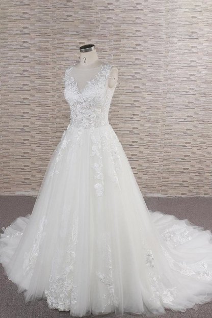 V-neck Sleeveless White A-line Wedding Dresses