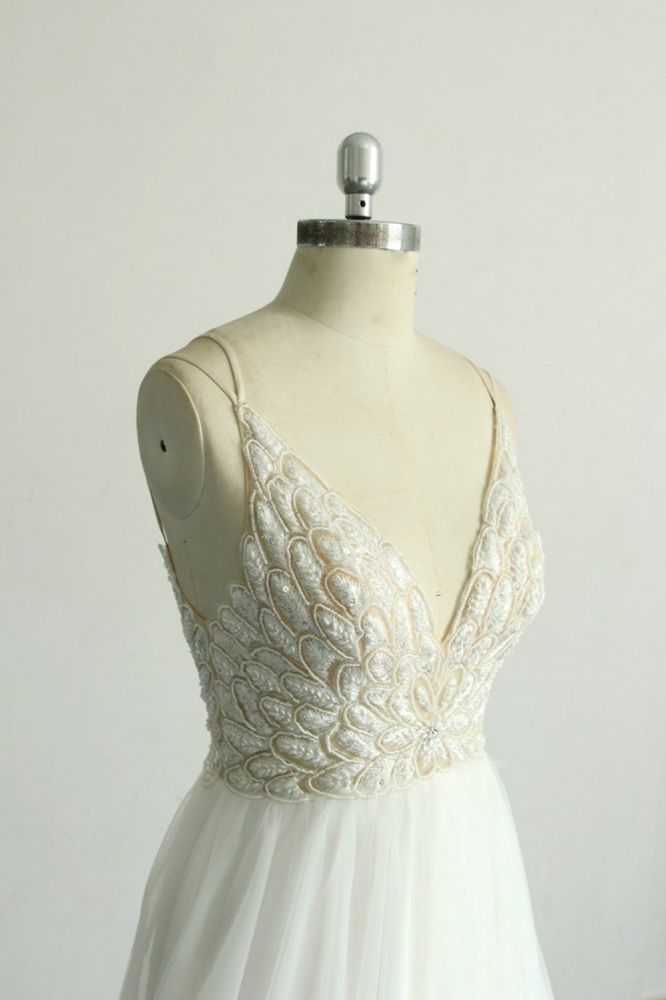 V-neck Lace White Floor length Simple Wedding Dresses