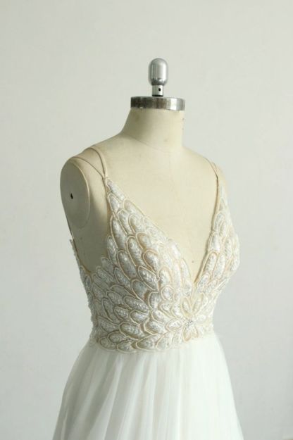 V-neck Lace White Floor length Simple Wedding Dresses