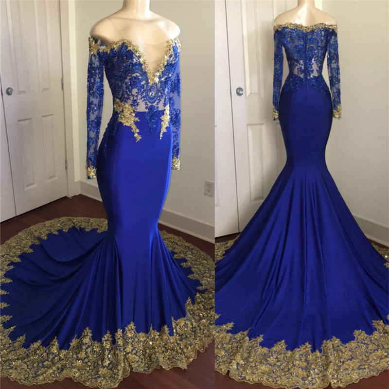 Off The Shoulder Royal Blue Prom Dresses | Gold Lace Appliques Sexy Evening Dress with Sleeve BA8283