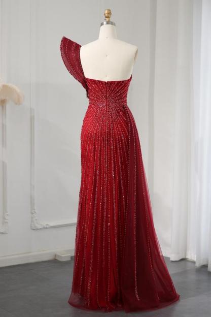 One shoulder wine red high split evening dress