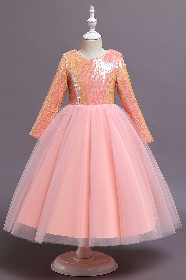 Pink cute knee length tulle princess flower girl dress