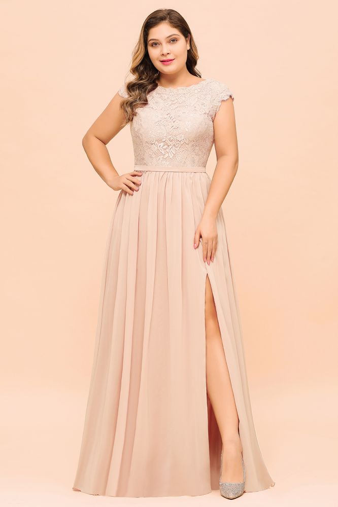 Plus Size Bridesmaid Dress with Side Slit Sleeveless Jewel Neck Chiffon Wedding Guest Dress