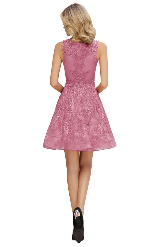Princess V-neck Knee Length Lace Appliqued Homecoming Dresses | Burgundy Dress for Homecoming