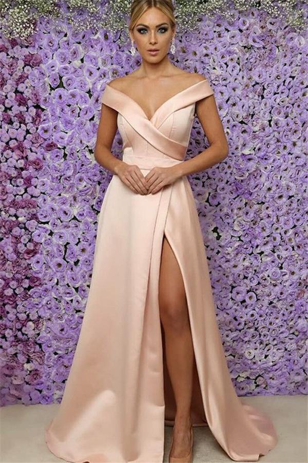 Off the shoulder Pink Cap sleeves High split A-line Prom Dresses