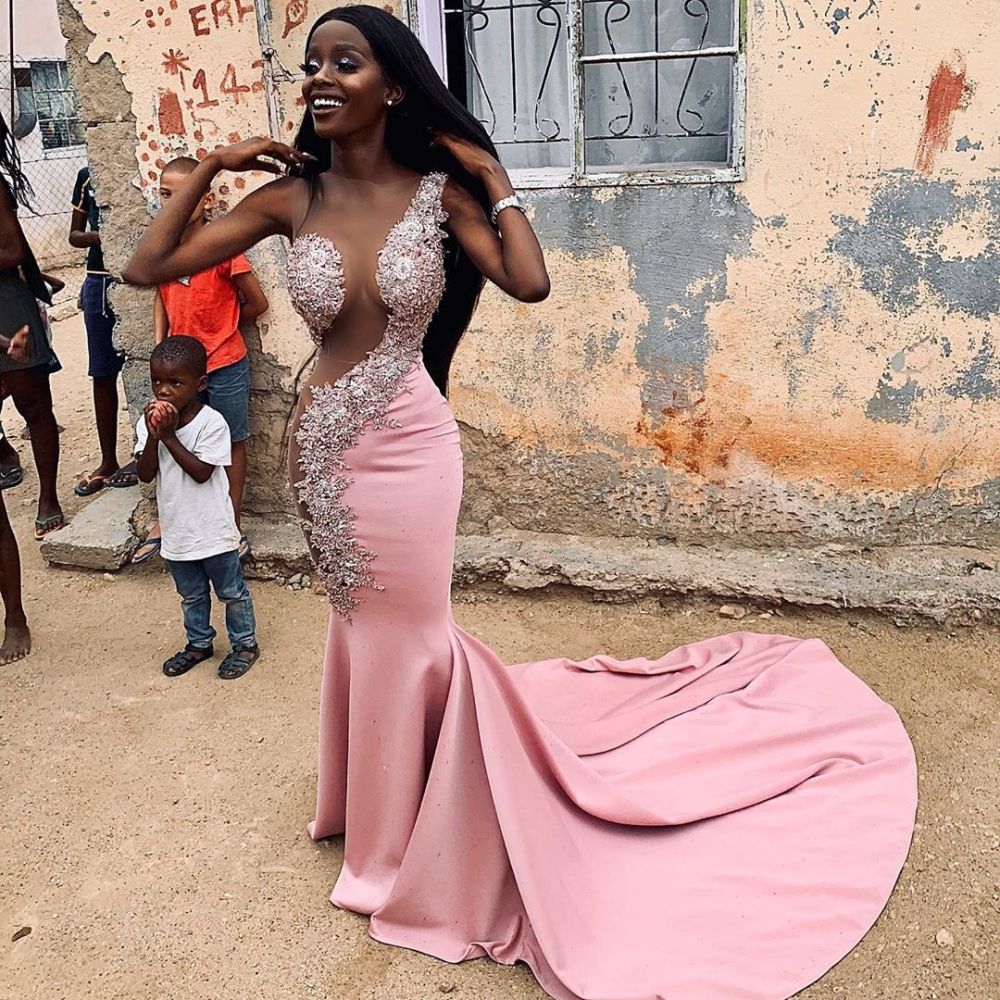 Sexy Jewel Lace Appliques Mermaid Long Prom Dresses With Court Train | Sheer Sleeveless Long Evening Gowns-Babyonlinewholesale