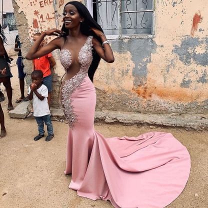 Sexy Jewel Lace Appliques Mermaid Long Prom Dresses With Court Train | Sheer Sleeveless Long Evening Gowns-Babyonlinewholesale