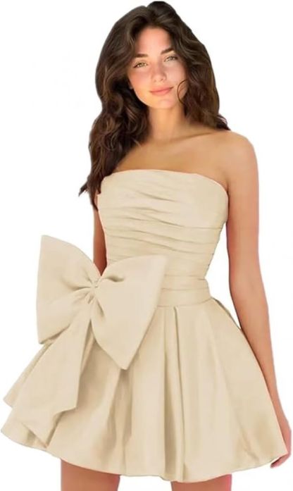 Chic Ruched Satin Short Homecoming Dresses Strapless Knee Length Party Dress with Bow