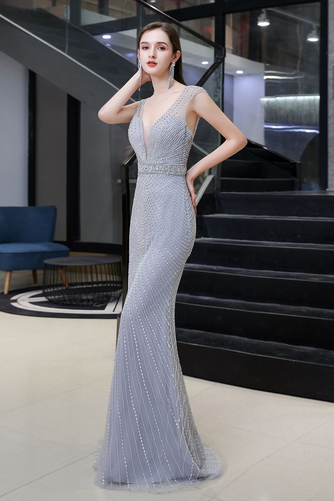 Sexy Mermaid V-neck Silver Mermaid Prom Dress