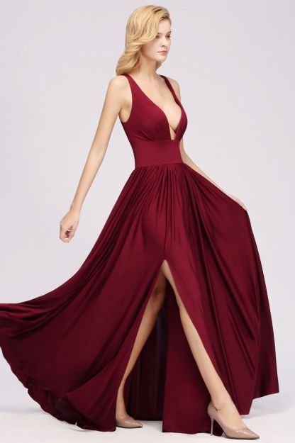 A-Line Jersey V-Neck Sleeveless Long Bridesmaid with Ruffles