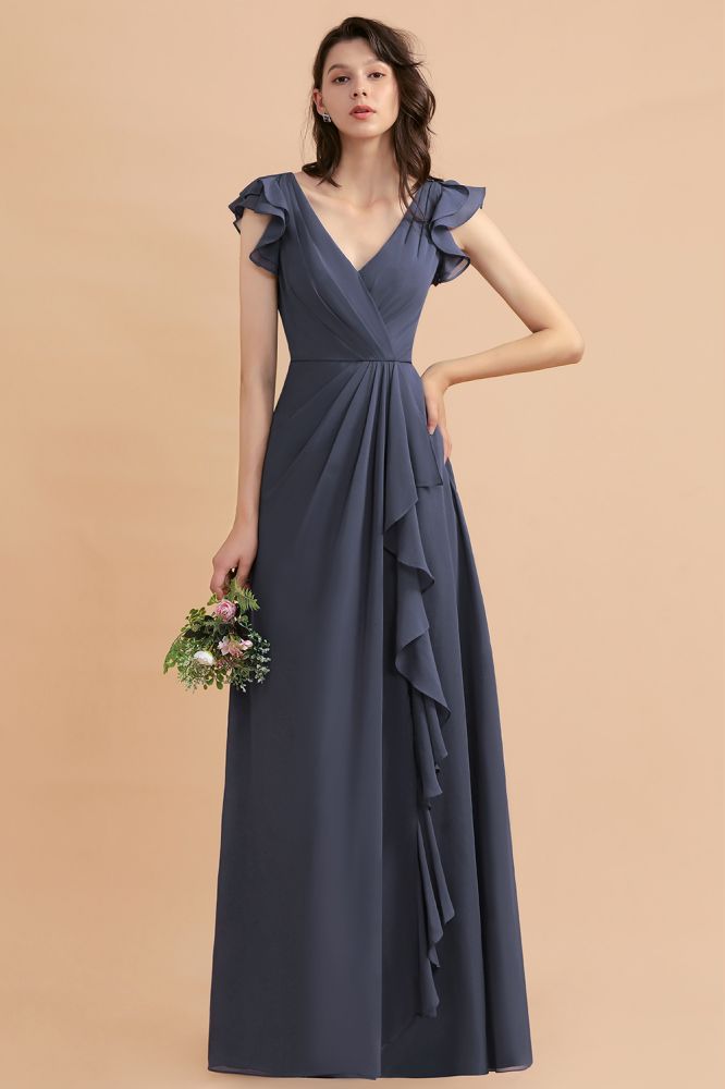Ruffles Sleeves Chiffon Aline Wedding Party Dress Floor Length Evening Dress