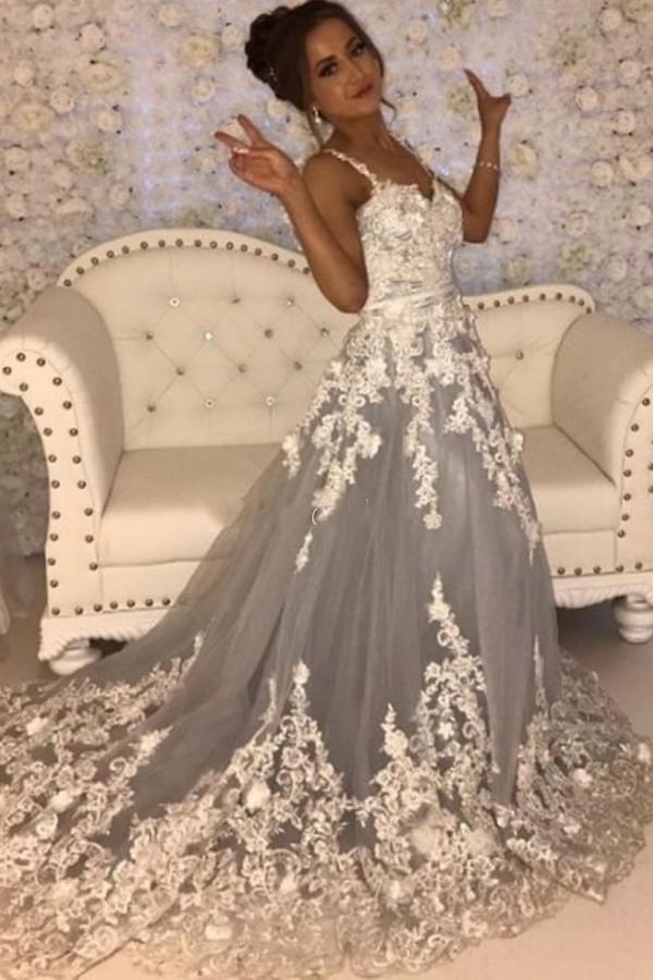 Charming Transparent Lace Spaghetti Straps Floor-length A-Line Prom Dresses