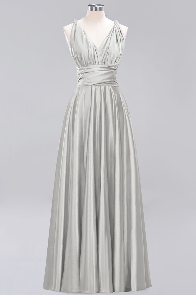 Simple A-Line V-Neck Sleeveless Floor Length Convertible Bridesmaid Dress with Ruffles