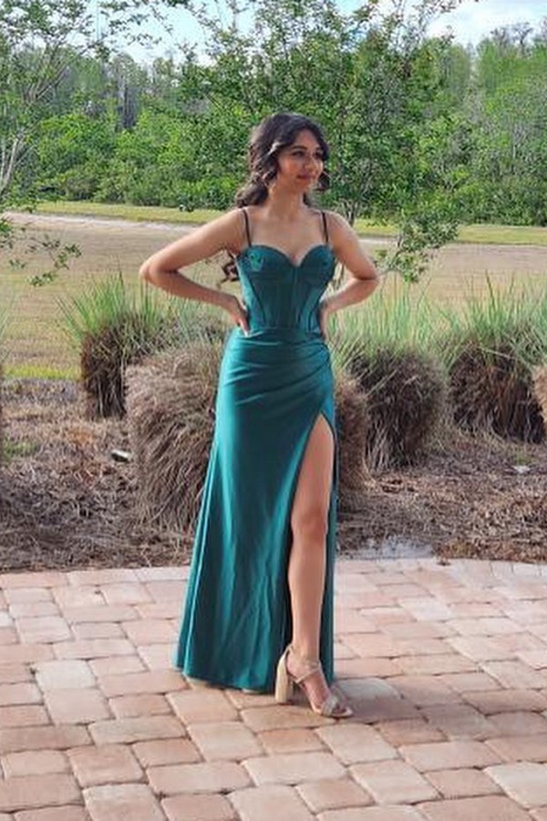 Charming Dark Green Spaghetti Straps Front-Slit Sleeveless Prom Dress with Ruffles