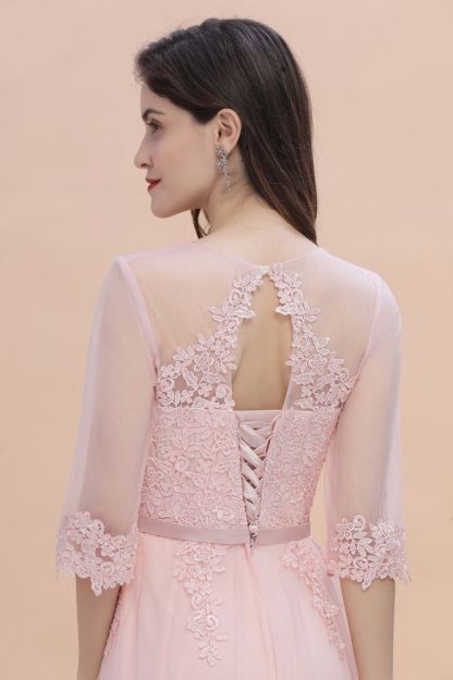 Romantic 3/4 Sleeves Pink Wedding Guest Dress Lace Appliques