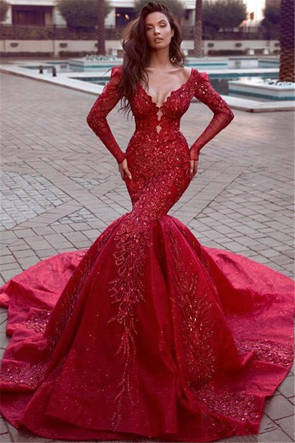 Stunning Long Sleeves Mermaid Evening Dresses with Train | Hot Backless Lace Crystal Prom Dresses BC0669-Babyonlinewholesale