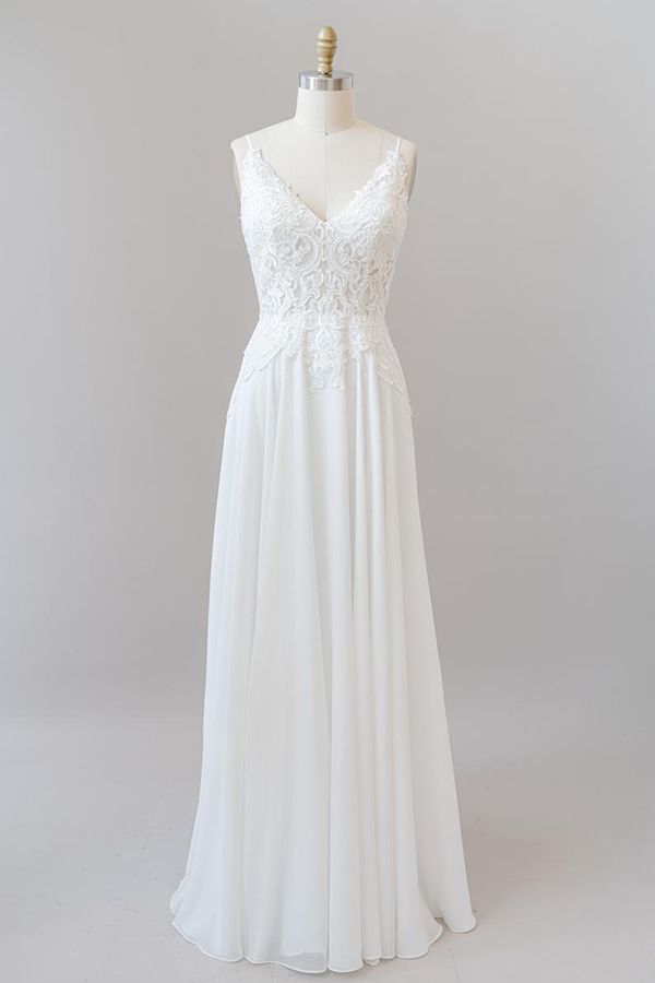 White V-neck A-line Chiffon Beach Wedding Dresses