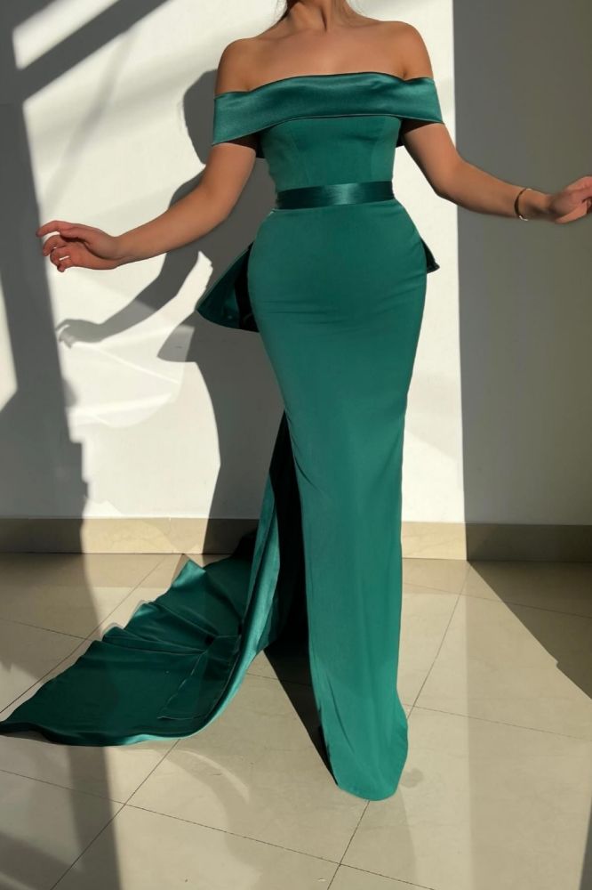 Emerald Green Off the shoulder Belt High Split Mermaid Prom Dress