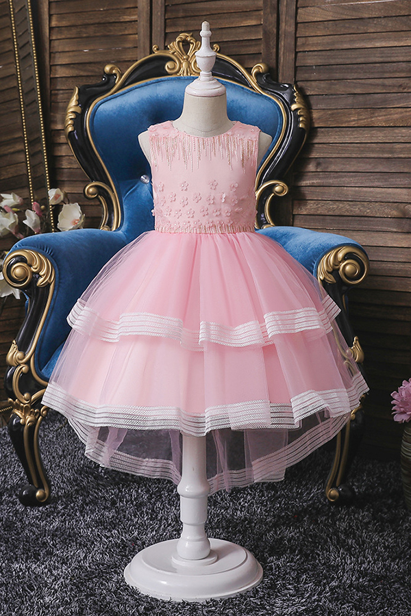 Round neck blue sleeveless ruffles a-line flower girl dress