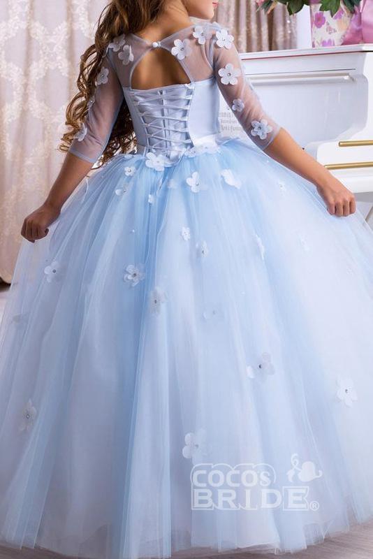 Half sleeves Sky blue Tulle Flower Girl Dresses