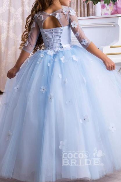 Half sleeves Sky blue Tulle Flower Girl Dresses