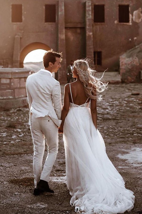 White Lace Tulle Summer Garden Wedding Dresses