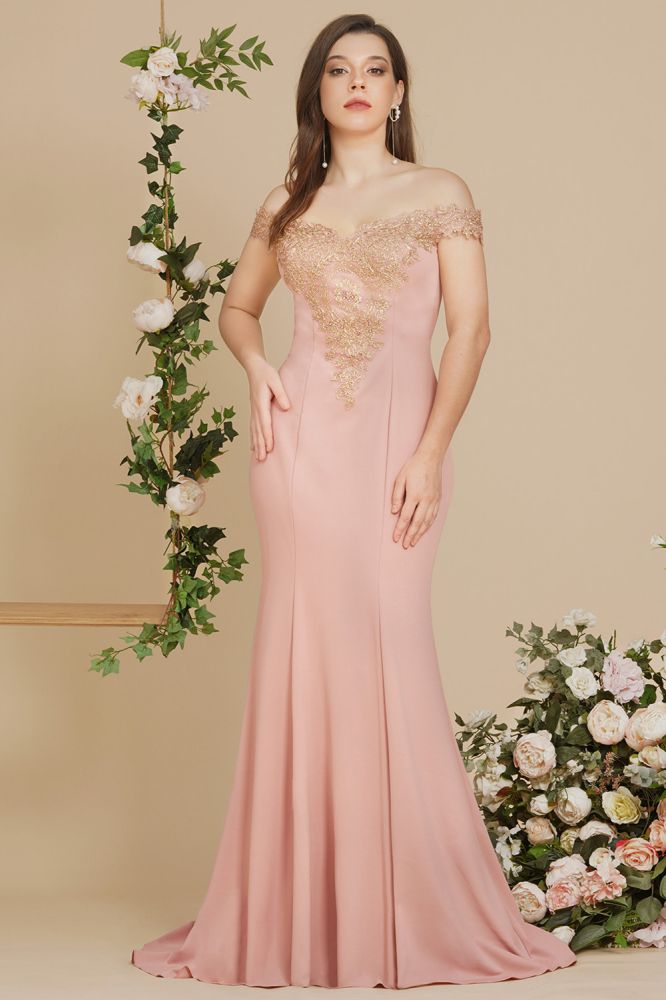 Off-the-shoulder Pink Appliques Mermaid Prom Dress