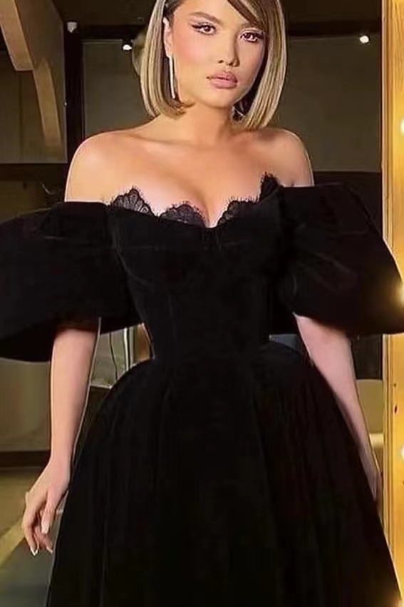 Sweetheart Wide Shoulder A-line Ankle Length Prom Dresses Black Evening Dress