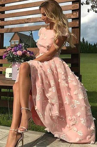 Beautiful Pink Lace Round Neck Cap Sleeves Prom Dresses | Ankle Length Party Gowns