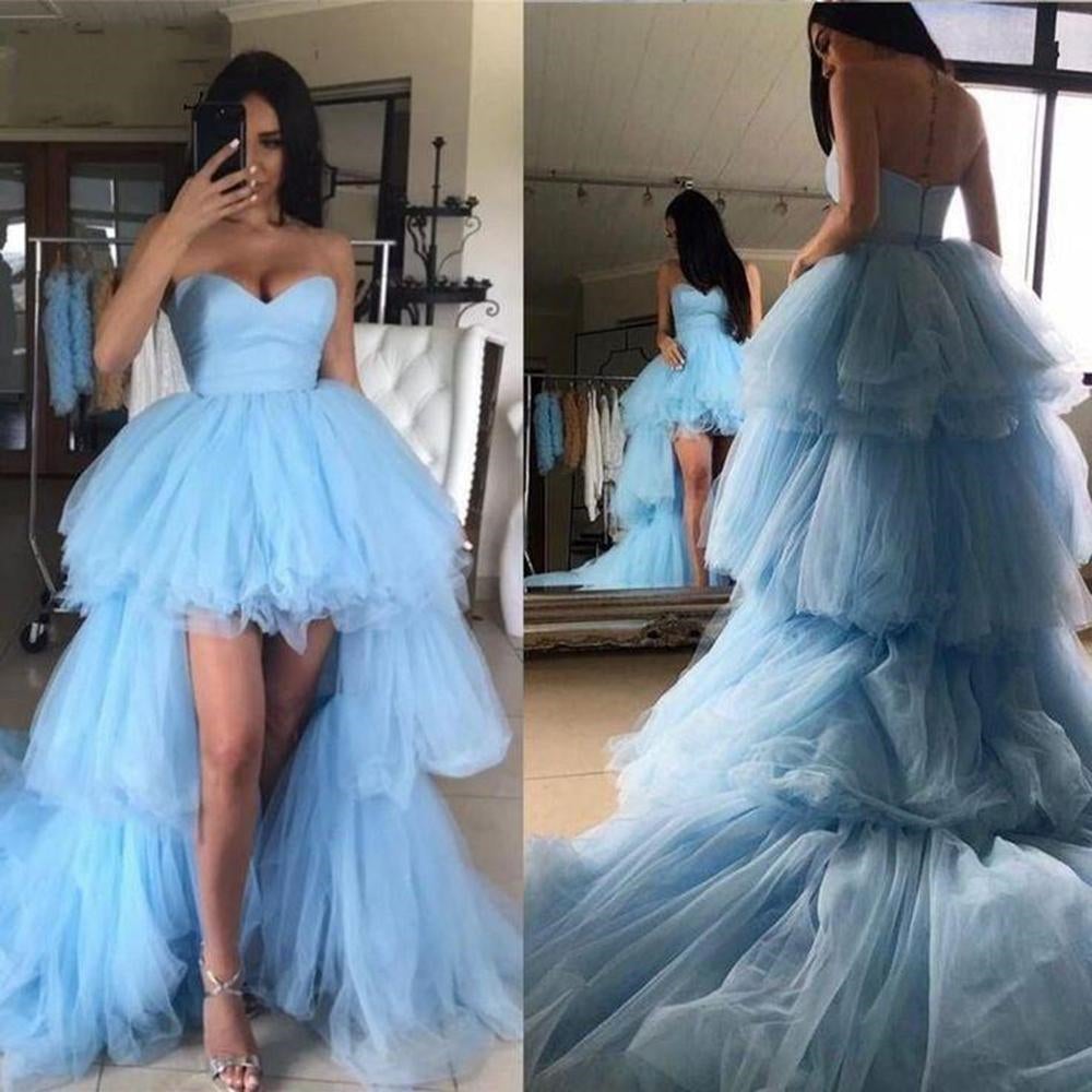 Light Blue High Low Ruffles Tulle Prom Dresses