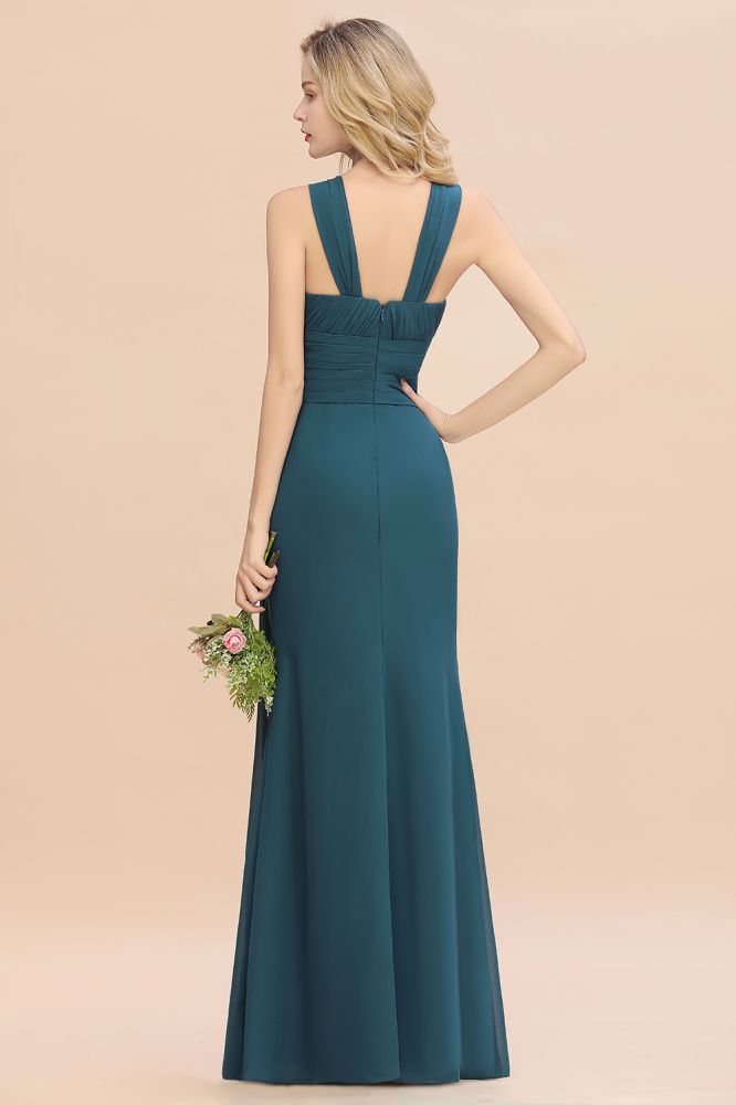 Ink blue halter chiffon floor length bridesmaid dress