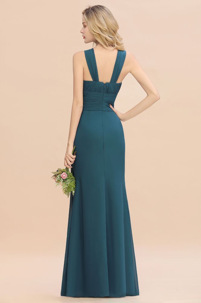 Ink blue halter chiffon floor length bridesmaid dress