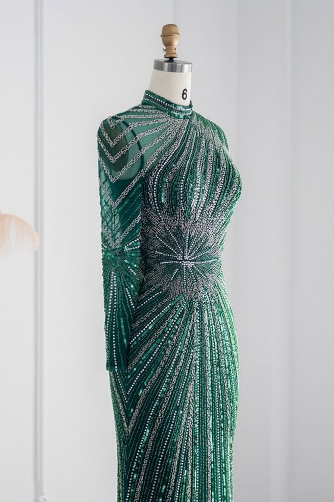 Elegant High Neck Long Sleeves Beading Mermaid Evening Gowns with Crystals Sash