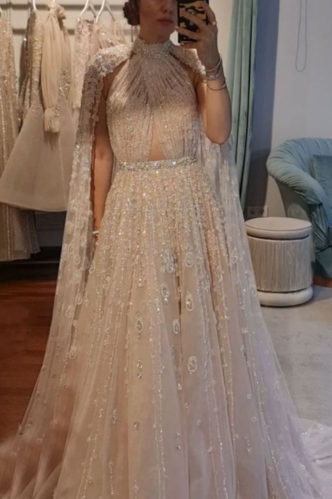 Halter Tulle Beadings Floor-Length Evening Dress with Cap Sleeves Tulle Party Dress