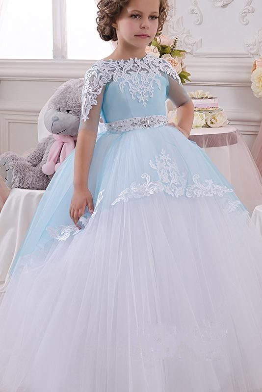 Half Sleeves Princess Tulle Pegant Dress for Kids with White Lace Appliques