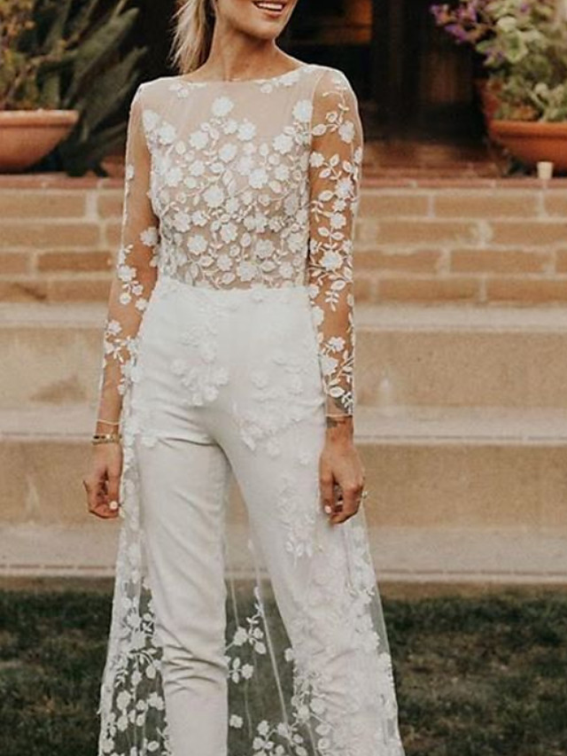 Jumpsuits A-Line Wedding Dresses Jewel Neck Sweep \ Brush Train Lace Satin Long Sleeve Sexy See-Through Modern-Babyonlinewholesale