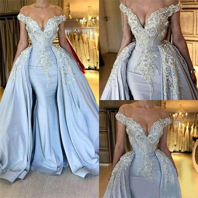 Fashion Off The Shoulder V Neck Mermaid Beading Appliqued Prom Dresses With Overskirt | Blue Sleeveless Long Party Gowns-Babyonlinewholesale