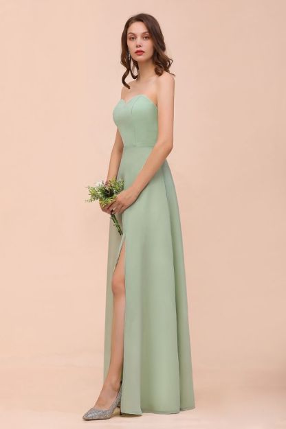 Sage Sleeveless Slim Long Bridesmaid Dress Side Slit