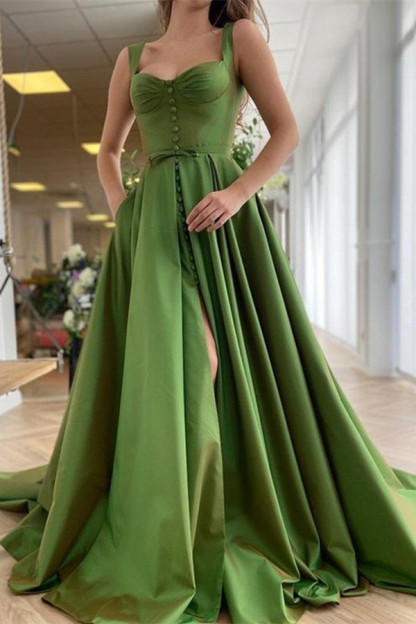 Sage Green Straps A-line Satin Floor length Prom Dresses