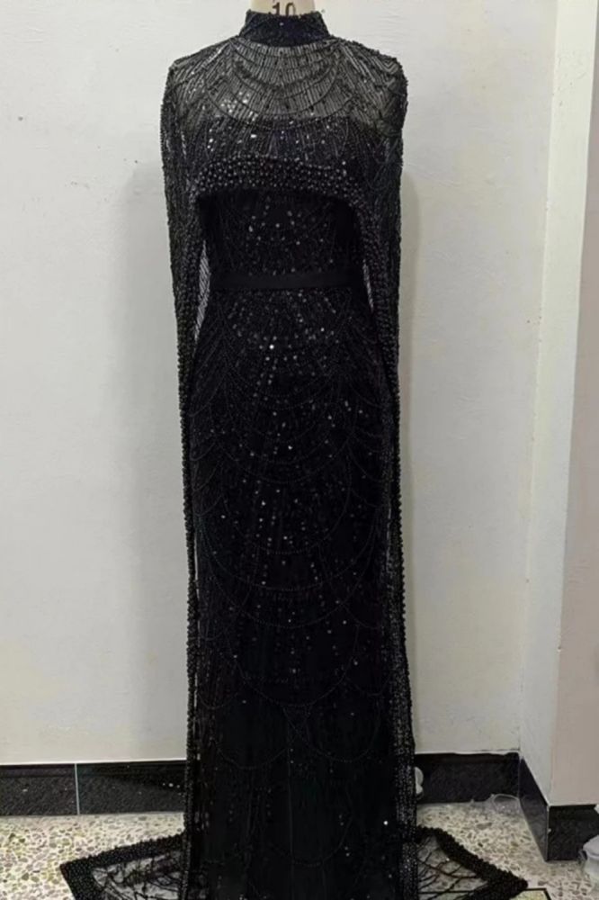Glitter High Neck Beadings Mermaid Long Evening Dresses with Cape