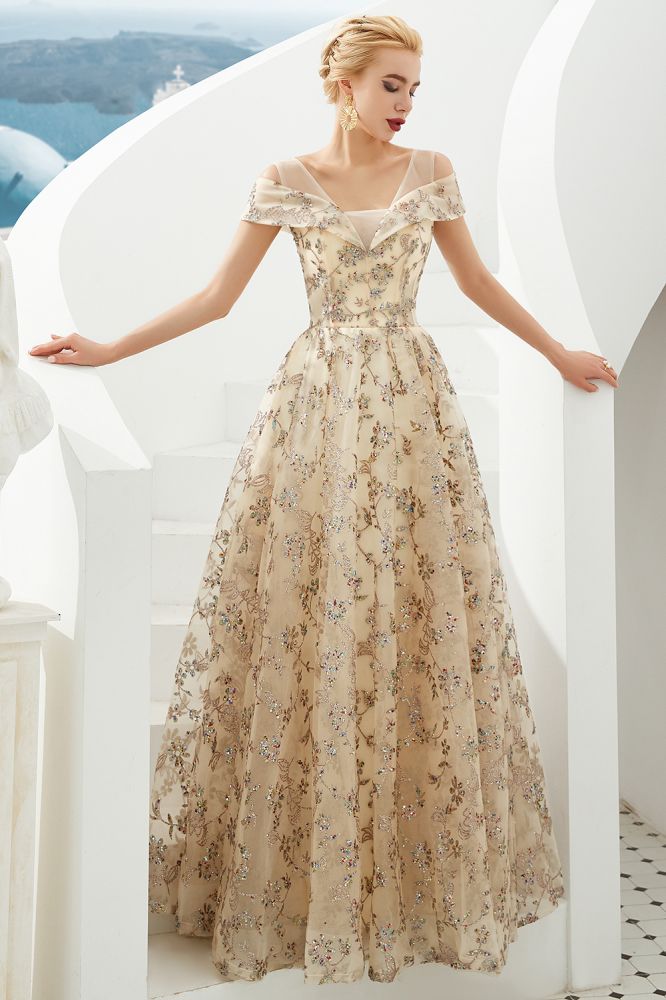 Herbert | Elegant Gold Cold shoulder Prom Dress with Delicate Multi-color Lace Appliques