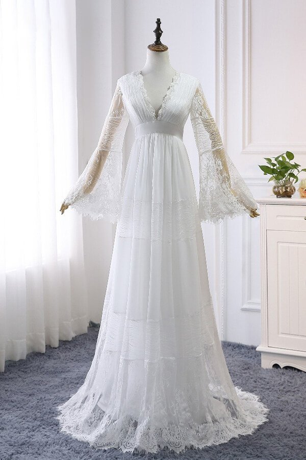 White Long sleeve Lace V-neck A-line Tulle Wedding Dress