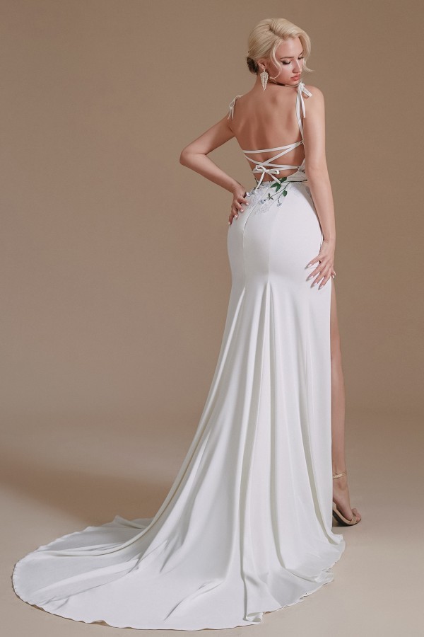 Stunning Spaghetti Straps Side Slit Wedding Dress with Leaves Pattern