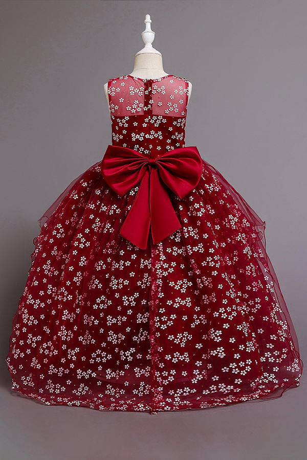 Illusion neck burgundy a-line ankle length flower girl dress