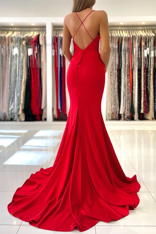 Red Sexy Satin Prom Dress Spaghetti Straps V-Neck Evening Dress Long