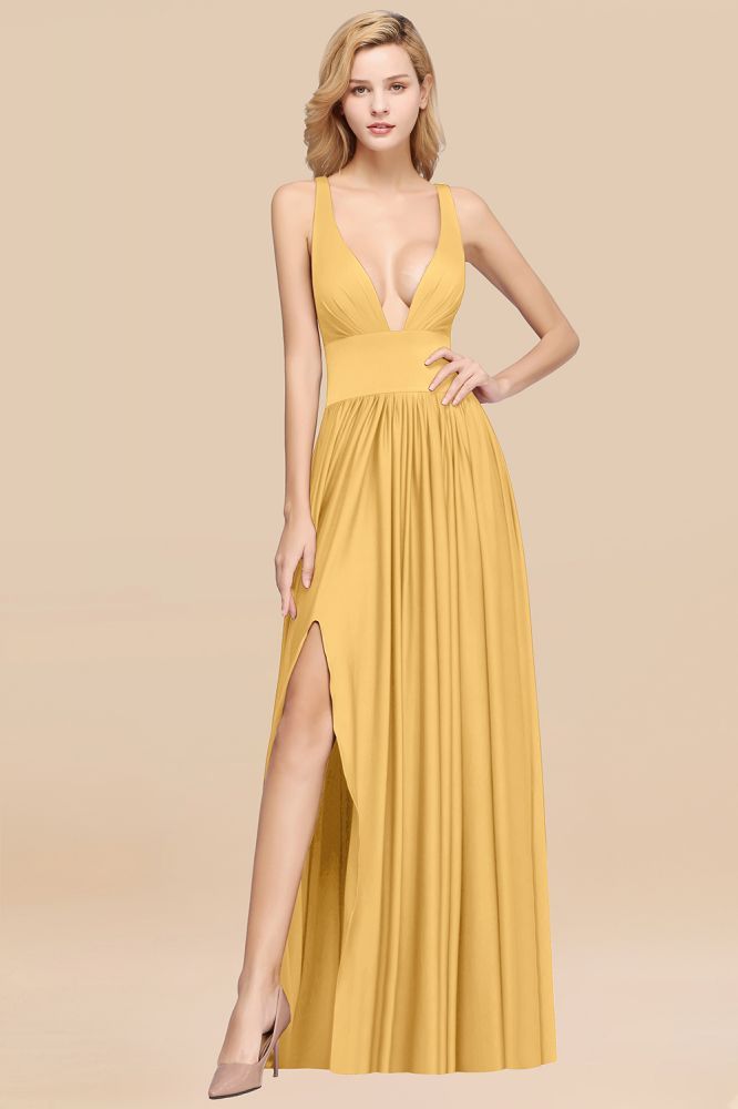 A-Line Jersey V-Neck Sleeveless Long Bridesmaid with Ruffles