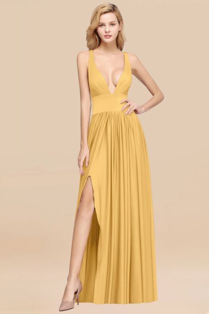 A-Line Jersey V-Neck Sleeveless Long Bridesmaid with Ruffles