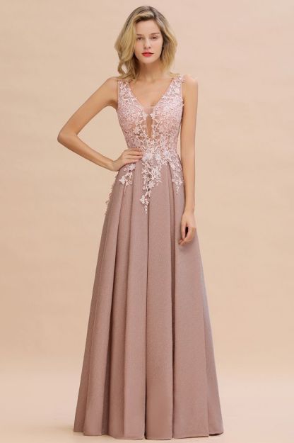 Rebacca | A-Line V-neck Floor-Length Tulle Sequined Prom Dresses