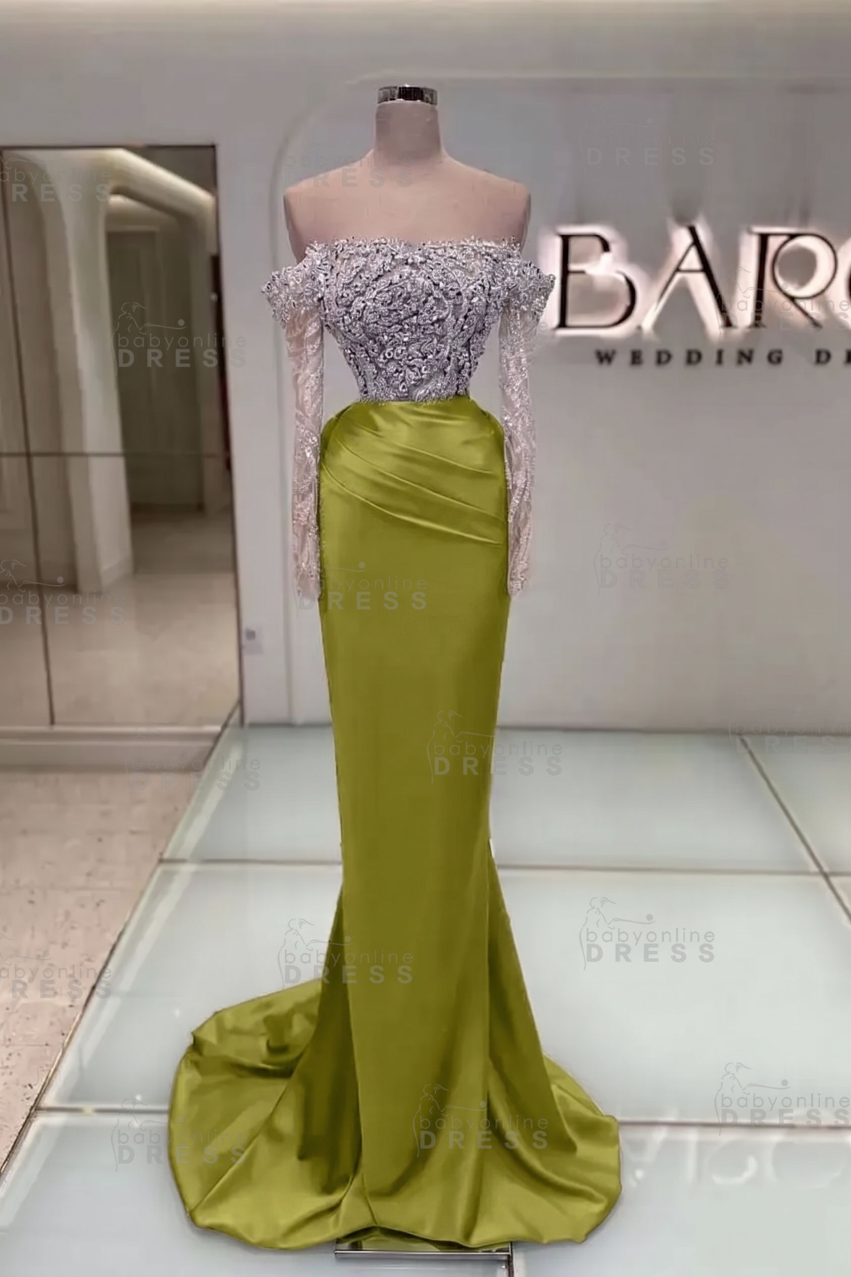 Off-the-Shoulder Ruffles Satin Mermaid Prom Dress Beadings with Sleeves