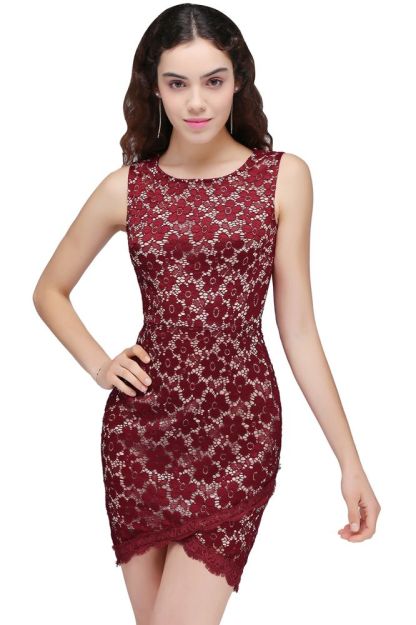 BRILEY | Bodycon Round Neck Short Lace Burgundy Homecoming Dresses